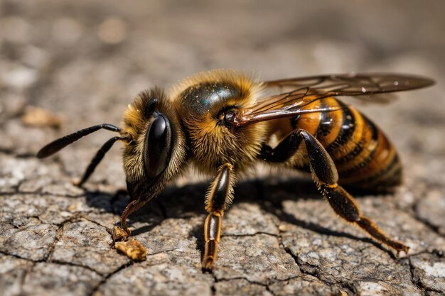 Un primer plano de una abeja en un terreno texturizado