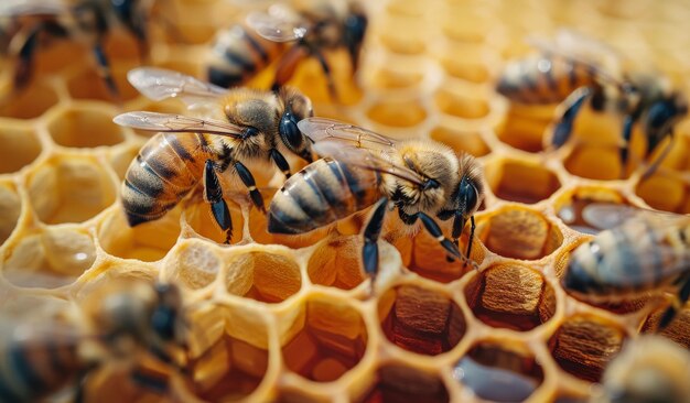 Foto un primer plano de las abejas melíferas trabajando en el panal