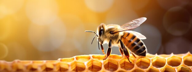 Un primer plano de las abejas en un panal en un apiario