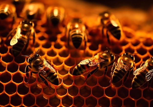 Un primer plano de abejas que se arrastran en un panal