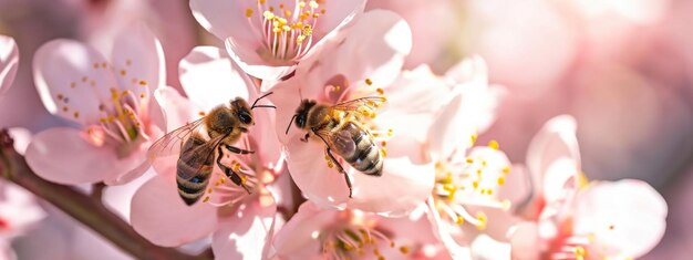 Un primer plano de las abejas en las suaves flores de cerezo rosadas en un fondo natural de primavera macro