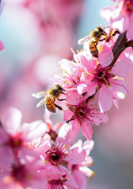 Un primer plano de las abejas en las suaves flores de cerezo rosadas en un fondo natural de primavera macro