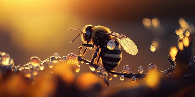 Primer plano de un abejorro en néctar de miel Silueta retroiluminada Generativo ai