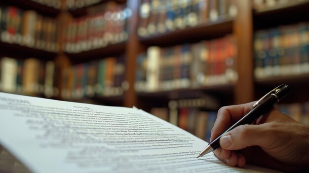 Un primer plano de un abogado con una pluma en la mano mientras revisan cuidadosamente un documento legal con su