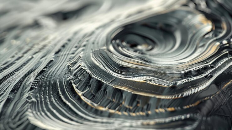Un primer plano abstracto de textura plateada que muestra intrincados patrones giratorios y un acabado metálico