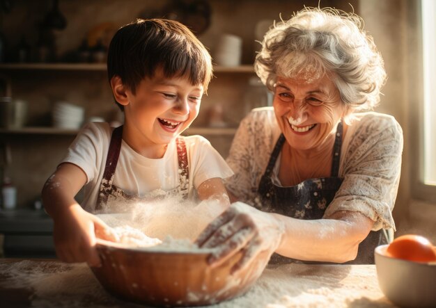 Foto un primer plano de una abuela y un nieto horneando juntos en una cocina iluminada por el sol con harina