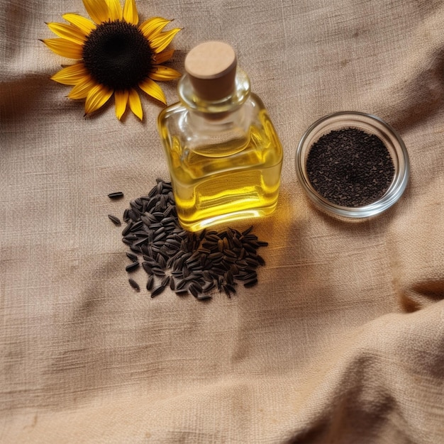 Primer plano de aceite de girasol en una botella de vidrio con semillas