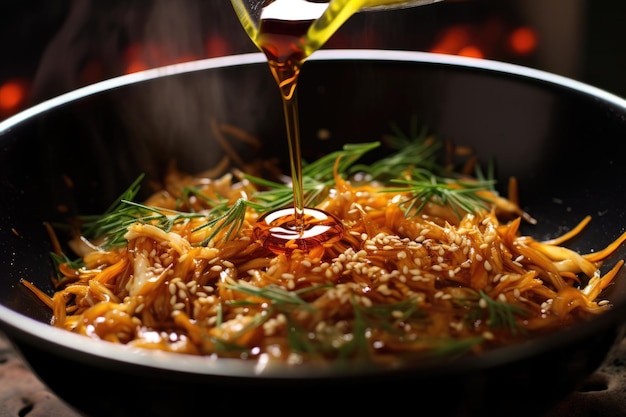 Primer plano de aceite de sésamo rociado en un wok caliente