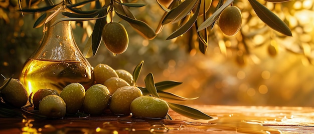 Primer plano de aceitunas verdes naturales frescas con luz suave al amanecer en una atmósfera acogedora