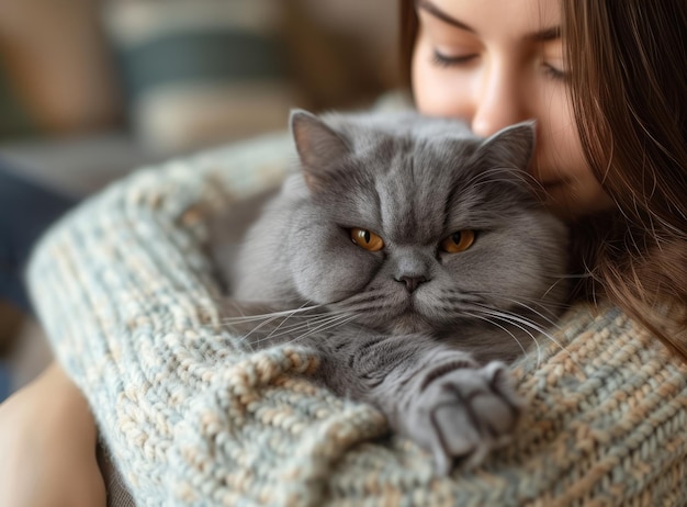 Primer plano de un acogedor gato gris británico en los brazos de una chica Amor por las mascotas