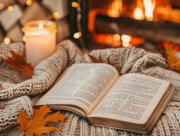 Primer plano de un acogedor suéter de otoño y un libro junto a una chimenea encendida atmósfera cálida e acogedora