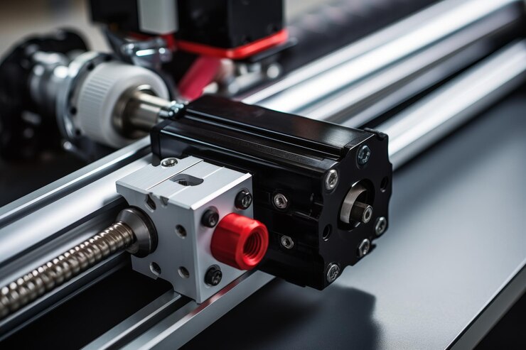 Foto un primer plano de un actuador lineal en un entorno industrial que destaca los detalles intrincados