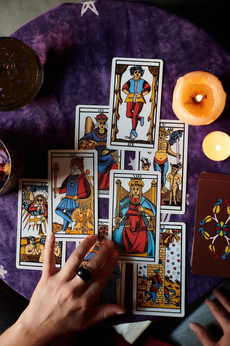 Primer plano de un adivino leyendo cartas del tarot sobre una mesa con un mantel morado