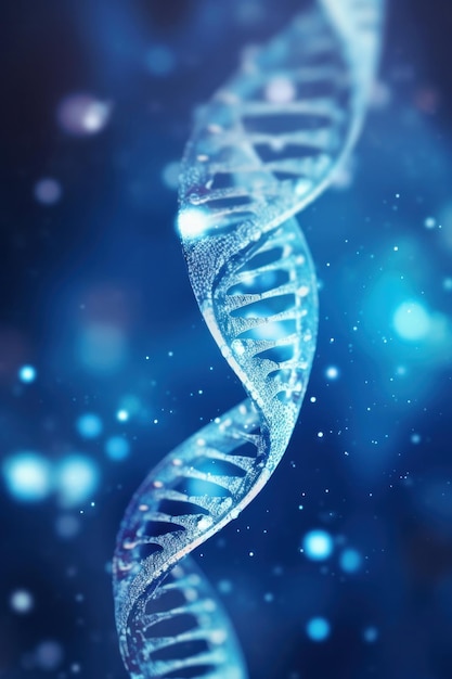 Primer plano del ADN en un futuro lejano Vea bajo el microscopio Fondo de hélice azul Concepto de la evolución del ser humano