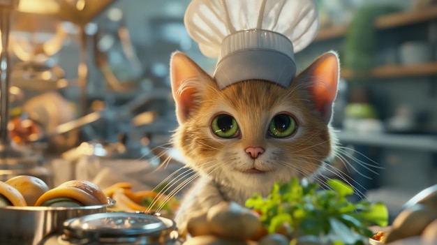 Un primer plano de un adorable gato antropomórfico con un sombrero de chef en un entorno de cocina bullicioso