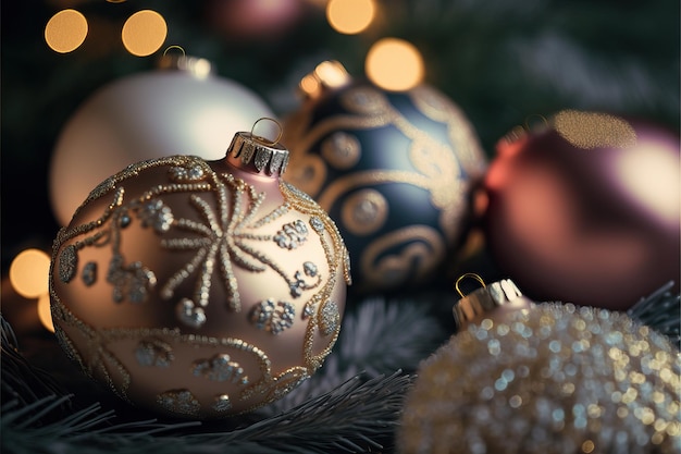 Primer plano de adornos en el árbol de Navidad con guirnaldas sobre fondo de colores con enfoque selectivo y fondo borroso