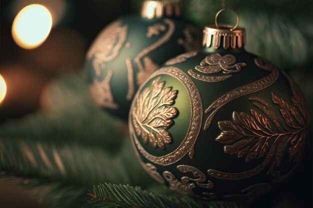 Foto primer plano de adornos en el árbol de navidad con guirnaldas sobre fondo de colores con enfoque selectivo y fondo borroso