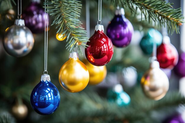 Primer plano de adornos de colores en un árbol de Navidad