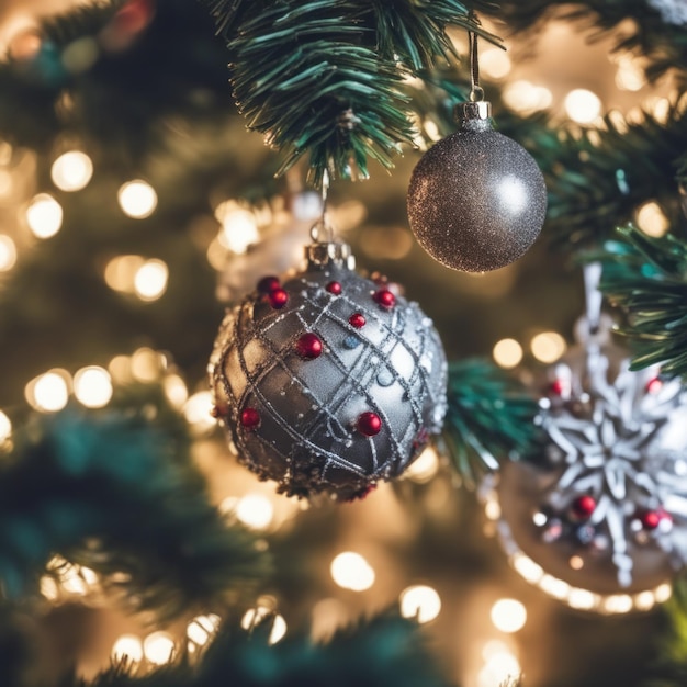 Primer plano de adornos dorados del árbol de Navidad contra un fondo de luces desenfocadas