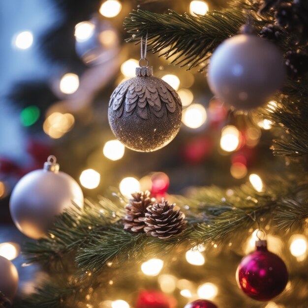 Primer plano de adornos dorados del árbol de Navidad contra un fondo de luces desenfocadas