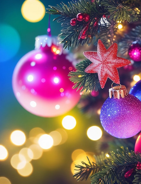 Primer plano de adornos navideños con bokeh de colores brillantes en el concepto de Navidad de fondo