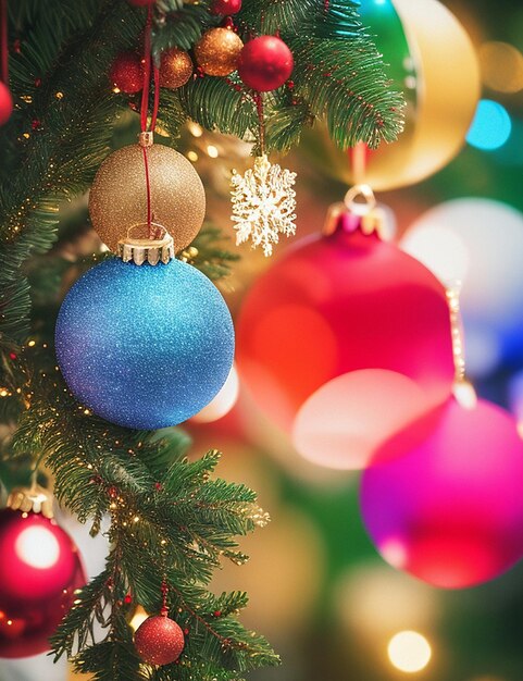 Primer plano de adornos navideños con bokeh de colores brillantes en el concepto de Navidad de fondo