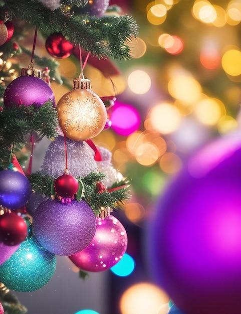 Primer plano de adornos navideños con bokeh de colores brillantes en el concepto de Navidad de fondo