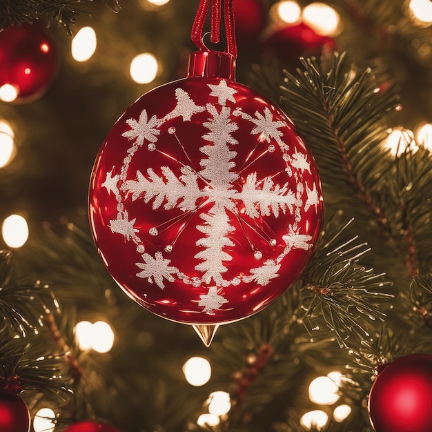 Primer plano de adornos rojos del árbol de Navidad contra un fondo de luces desenfocadas