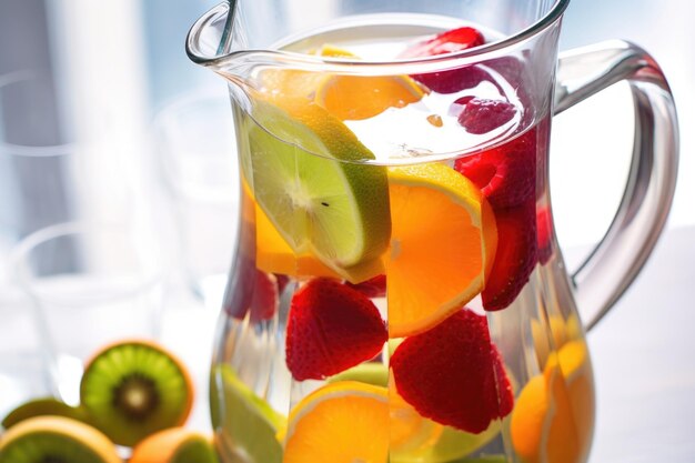 Foto primer plano de agua con infusión de fruta en una jarra de vidrio