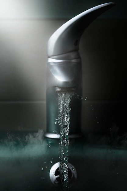 Primer plano del agua que cae del grifo en el baño