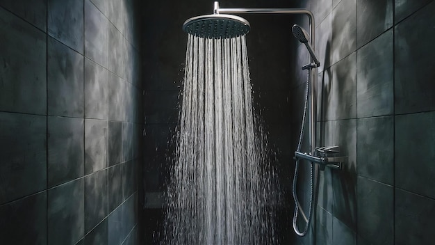 Un primer plano del agua que fluye de la ducha en el interior del baño