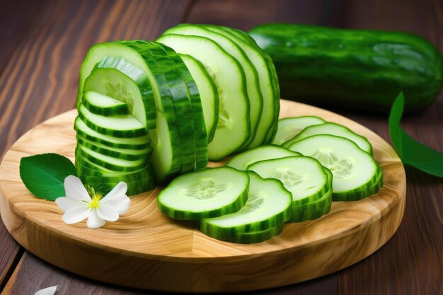 Primer plano de aguacate y pepino cortados en un fondo de madera verde creado con AI generativa