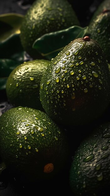 Un primer plano de aguacates con gotas de agua sobre ellos