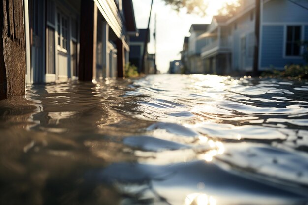 Un primer plano de las aguas de la inundación que cubren las calles