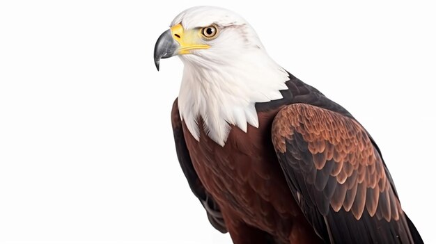 Un primer plano de un águila calva con un fondo blanco.