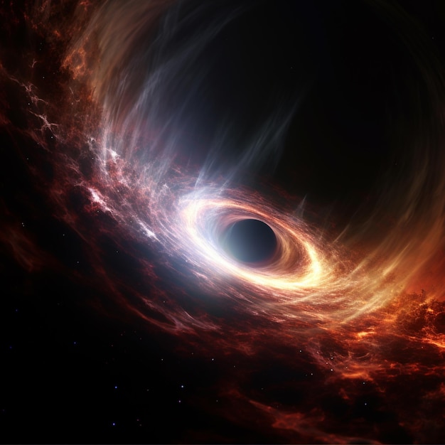 un primer plano de un agujero negro en una galaxia generativa de color rojo y naranja