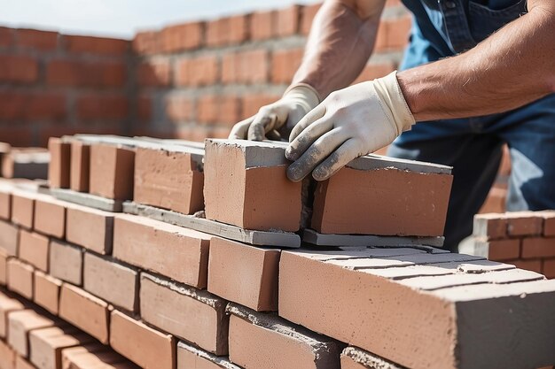 Primer plano de un albañil industrial instalando ladrillos en el sitio de construcción