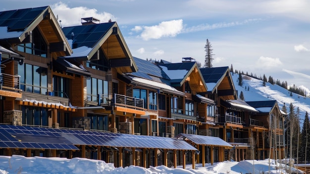 Un primer plano de un albergue de una estación de esquí con una gran variedad de paneles solares en el techo que proporcionan