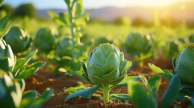 Un primer plano de las alcachofas en un campo