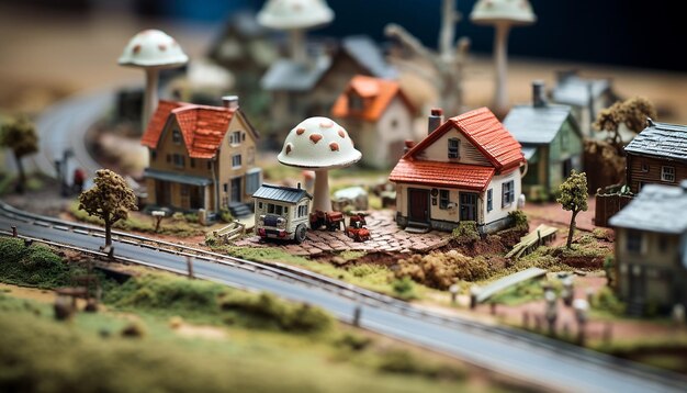 Foto un primer plano de una aldea en miniatura en la superficie de un hongo