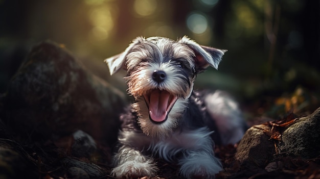 Primer plano de un alegre cachorro schnauzer miniatura IA generativa