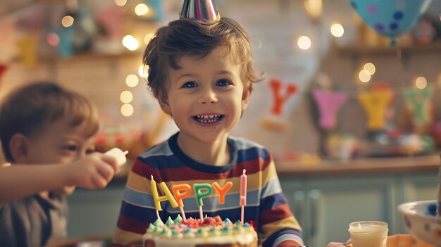 Foto primer plano del alegre niño caucásico sentado en la mesa con una ia generativa de nacimiento feliz