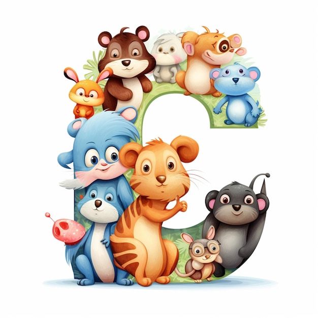 Foto un primer plano de un alfabeto de animales de dibujos animados con un número 5 generativo ai