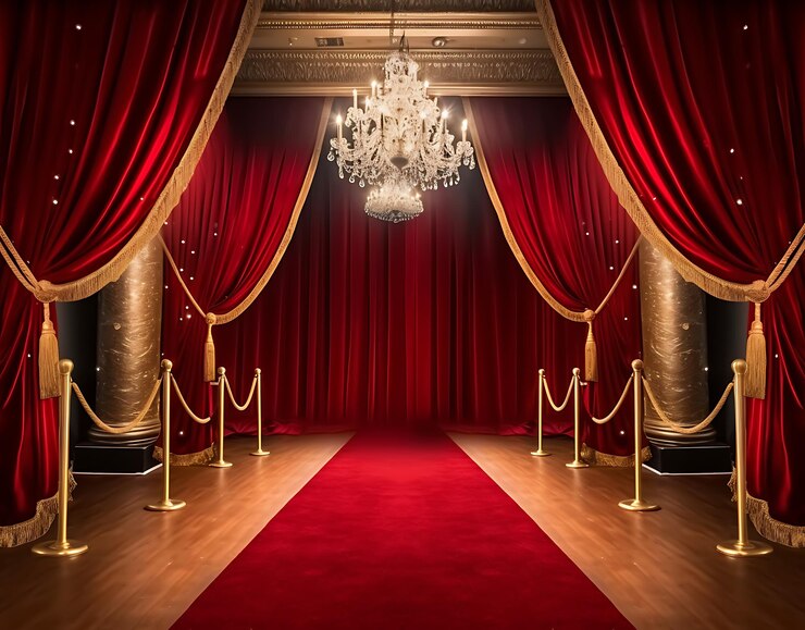 un primer plano de una alfombra roja con una cortina roja y un candelabro