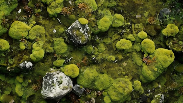 Un primer plano de algas verdes en un charco de agua