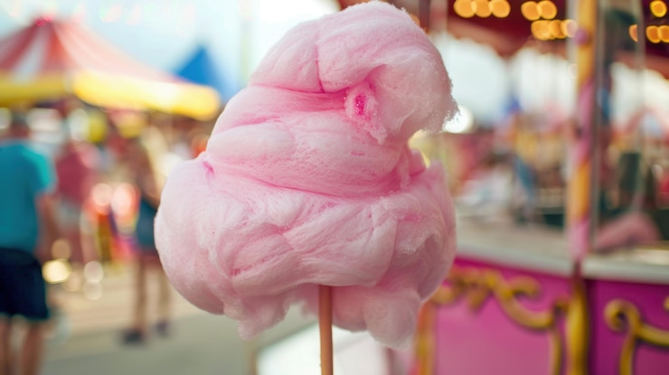 Foto un primer plano de algodón de azúcar rosado girando en un palo en un carnaval