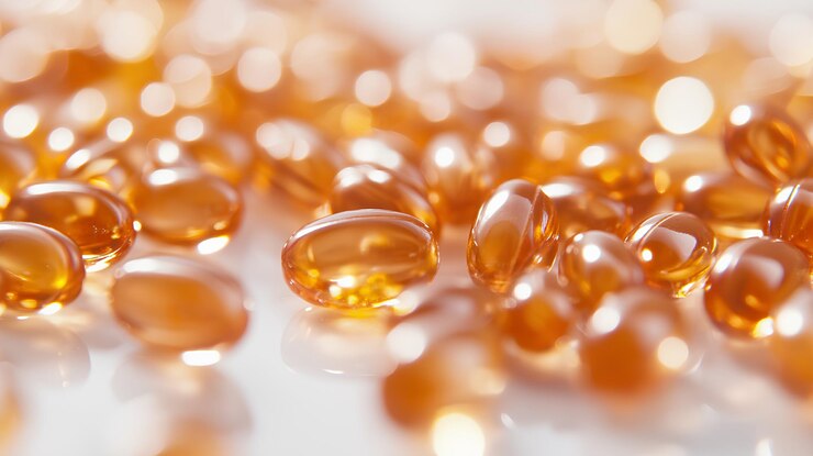 un primer plano de algunas pastillas de oro con algún líquido naranja