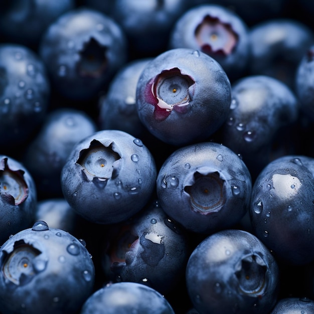 Primer plano de algunos arándanos con gotas de agua que se ven frescas AI