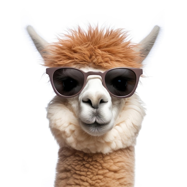 Primer plano de Alpaca con gafas de sol sobre fondo blanco.