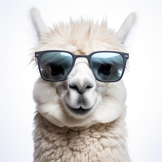 Primer plano de Alpaca con gafas de sol sobre fondo blanco.